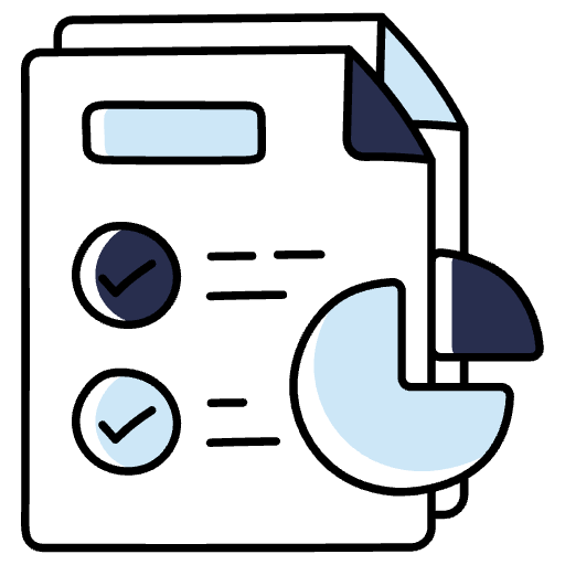Linework icon of papers with checkboxes and a pie chart