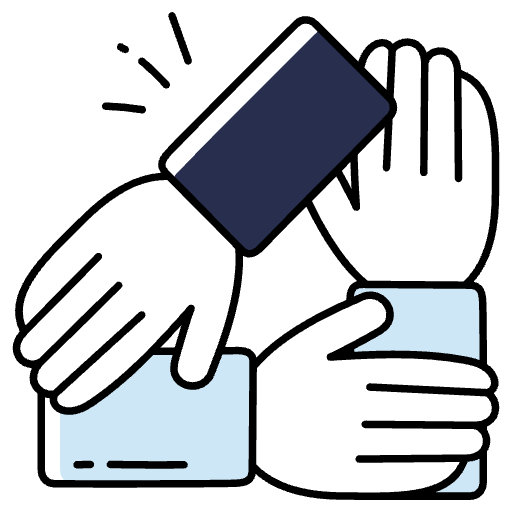 Linework icon of three hands reaching for each other